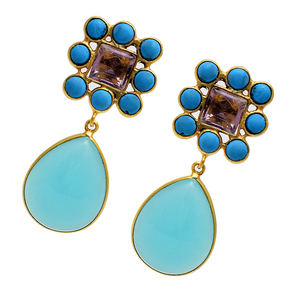 Turquoise <b>Amethyst</b> Aqua Chalcedony <b>Stud</b> Dangle <b>Earrings</b> 925 Sterling Silver Jewelry with Pear Cut Stone Drop <b>Earrings</b> for Gift - Product Image 1