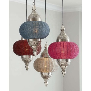 Metal & Glass Hanging Lantern Decorated Multi Colored <b>Moroccan</b> Pendent Night Lamp Suitable for Interior Home Decor - Product Image 1