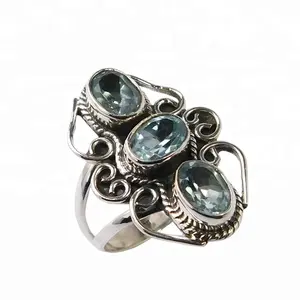 Trang Sức Mỹ Nhà Sản Xuất Bán Buôn Thời Trang Mới Oval Blue Stone Nhẫn 925 Sterling Silver Topaz Đá Quý Nhẫn Cho Phụ Nữ