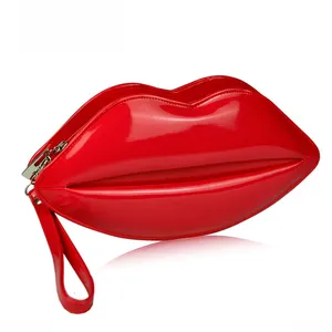 Red PU Leather Lip Shaped Vegan Travel Makeup Case Bag Sexy Cosmetic Bag 2021