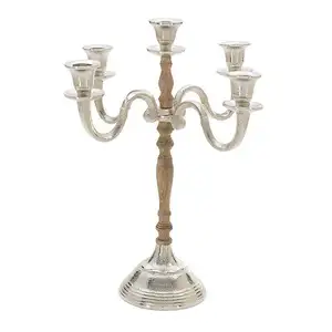 Hot Selling 5 Arms Wood Stem Pedestal Metal Base Silver <b>Candelabra</b> For Birthday Wedding Party Decor Centerpieces - Product Image 1