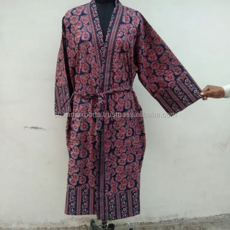 Luxurious Hand Block Printed Cotton Long Night Sleep Wear Kimono With Belt Closure & Pocket, Floral Printed Long Bathrobe