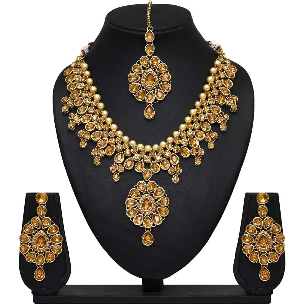 Indian Traditional Design Gold Color Kundan Necklace With Earrings
