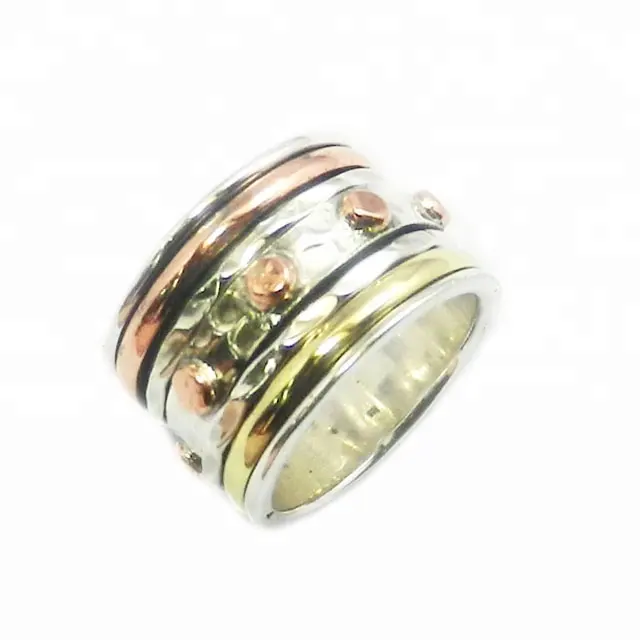Stock 925 sterling silver tre tono meditazione spinner anello in argento fatti a mano gioielli