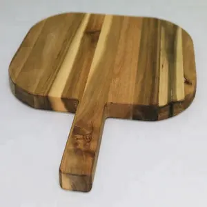 Round Teak Wood Cutting Board with S/S <b>Handle</b> <b>Pan</b>-Shaped Acacia Wood for Chopping for Pizza Etc. - Product Image 1