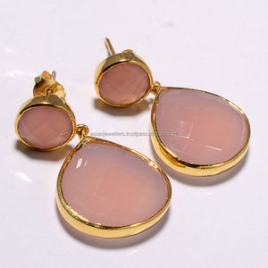 925 <b>sterling</b> <b>silver</b> pink chalcedony gemstone gold vermeil dangling <b>earrings</b> - Product Image 1