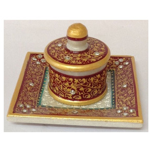 Marble Handicraft Gold Painted Plate With Salt Box - Product Image 1