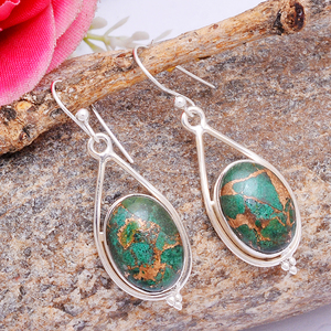Green Copper Turquoise Oval Cab 925 <b>Sterling</b> <b>Silver</b> Hook <b>Dangle</b> <b>Earrings</b> Jewelry Fancy Romantic <b>Earring</b> for Wedding, Anniversary - Product Image 3