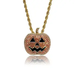 Perhiasan Kalung liontin lentera labu zirkon mikro Hiphop Halloween