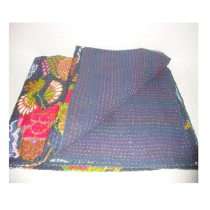 Dark Blue Fruit Print Kantha Quilt Pure Cotton Made in India Blanket Throw <b>Bedspread</b> Ikat Tropical Boho Bohemian Bedding - Product Image 1