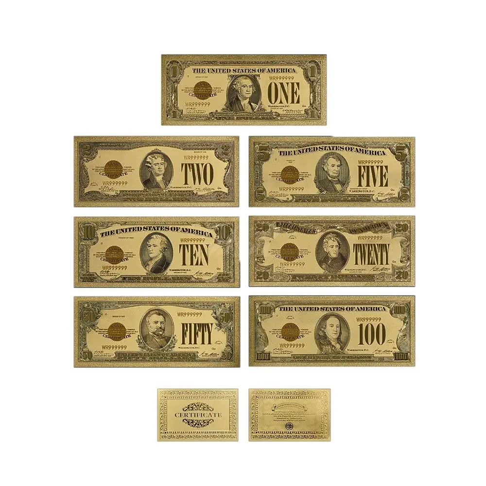 Set Uang Kertas Foil Emas Warna-warni Amerika 1928 Tahun USD 1 2 5 10 20 50 100 Dolar Set Uang Berkualitas US Bill Note Hadiah Suvenir