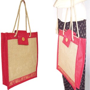 Lowellcraft Jute Shopping <b>Bag</b> with Red Border Zipper Closure Hand Length Handle Medium Size for Groceries - Product Image 1
