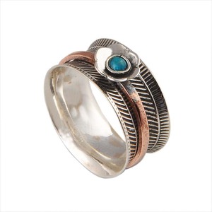 Anillo Giratorio de Plata de Ley 925 con Flor de Turquesa, Hecho a Mano, con Banda de Cobre Texturizada de Pluma, para Boda, Antiestrés, Meditación, Anillo Fidget - Product Image 1