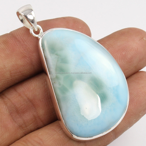Pendentif en argent Sterling pur réglage de lunette fantaisie coupe bijoux de mode indiens pierre précieuse LARIMAR naturelle 925 solide - Product Image 1