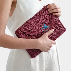 Trend ige rosa Raffia-Kupplung. Handgemachte Tasche Papier Bast Handtasche von Vietnam Crochet Yarn Bag