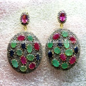 Pendiente de zafiro azul Natural y diamantes, Esmeralda, Plata de Ley 925 - Product Image 2