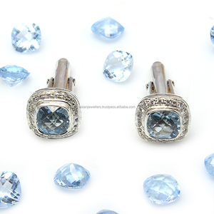 Boutons de manchette en argent sterling 925 avec topaze bleue et pierres précieuses pour hommes, boutons de manchette pour hommes - Product Image 1