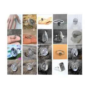 Anillo de rutilo negro ovalado redondo pera cuadrado rectángulo de lujo piedra preciosa natural cabujón de piedra 925 plata esterlina - Product Image 1