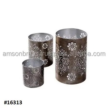 Set of 3 Perforated Iron Votive Candle Holder Brass And Glass Votive Diamond Style Home Decoration Round Metal