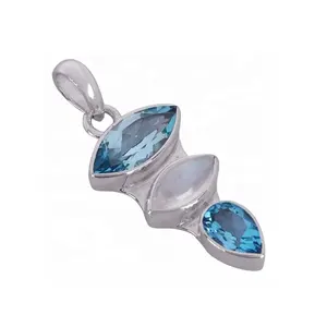 Nouveau conçu bleu topaze arc-en-ciel pierre de lune multi pierres précieuses pendentif solide 925 en argent Sterling bijoux fins pendentifs et breloques - Product Image 1