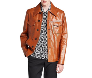 Nouveau Slim Fit hommes Tan Safari veste en cuir formel col montant peau de vache Vintage moto Biker Style - Product Image 3