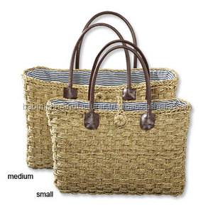 Jonc de mer naturel sac de paille de mode avec poignée en cuir - Product Image 1