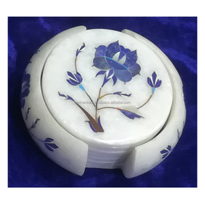 Classic Eco-Friendly White Stone Marble Indian Inlay Round <b>Coaster</b> <b>Set</b> - Product Image 1