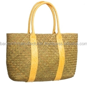 Jonc de mer naturel sac de paille de mode avec poignée en cuir - Product Image 3