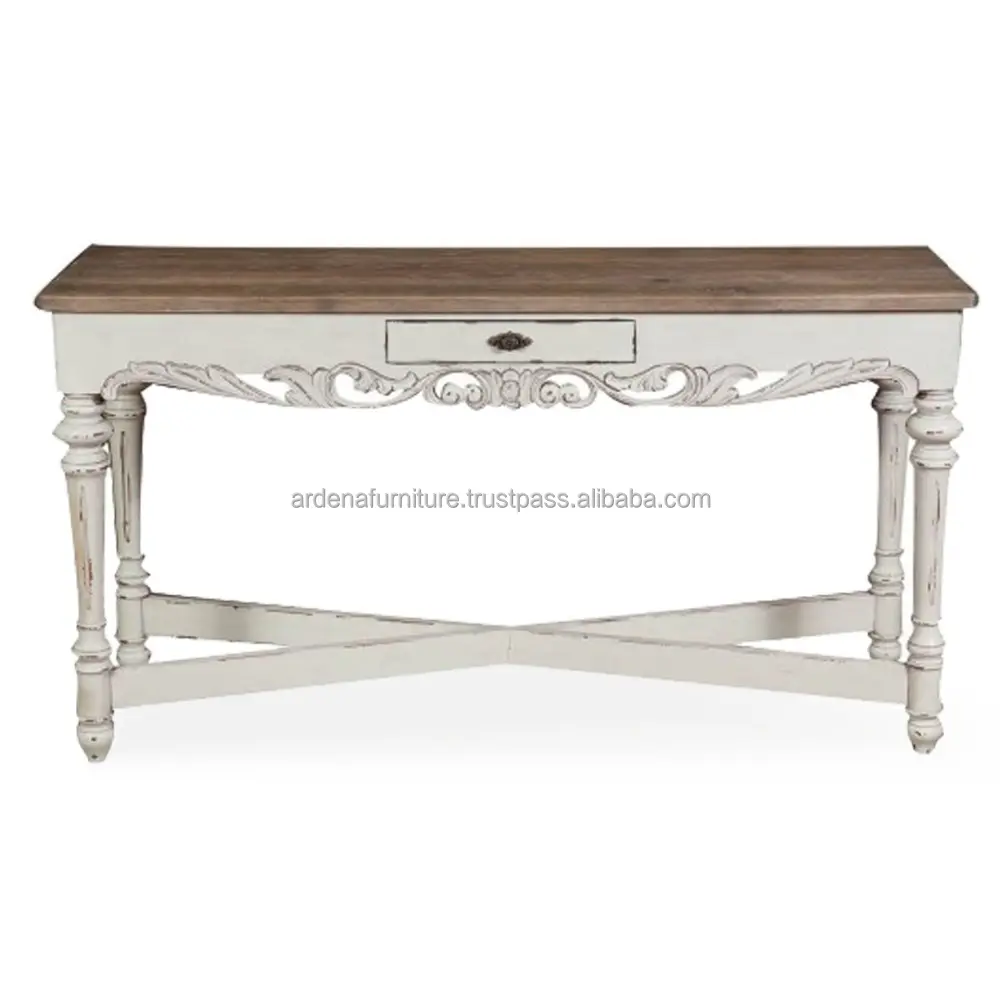 Modern French Style Console Table Drawer Solid Wood Antique White Painted Hall Application Indonesia Furniture Manufacturer