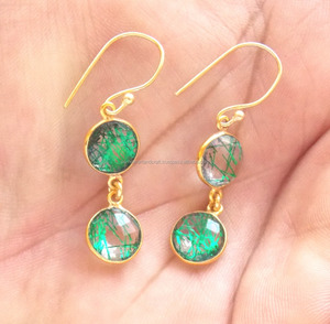 Rutile สีเขียวสวยงาม 24 k ลวดชุบทองห่อต่างหูเครื่องประดับแฮนด์เมดอัญมณีธรรมชาติหลายอัญมณี - Product Image 3