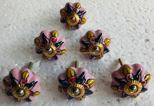 High quality hand painted <b>pink</b> red and yellow pumpkin shape brass fitting fancy ceramic door <b>knob</b> - Product Image 2