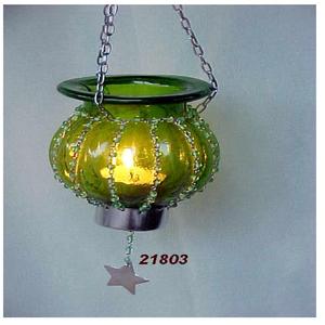Lanterne de photophore suspendue en métal et verre avec perles décoratives - Product Image 1