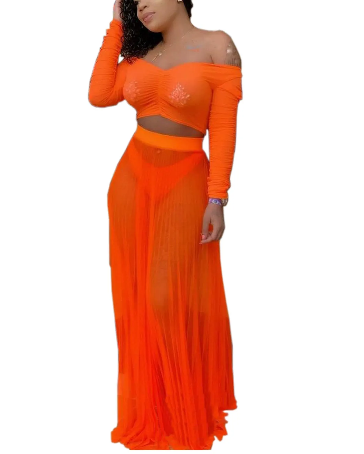 Atacado sensual vestido transparente, conjunto de duas peças top cropped e saia maxi