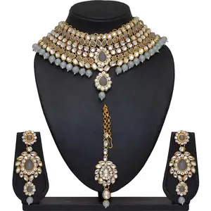 Latest Fashion Grey Color Kundan Necklace With Earrings & Maang Tikka