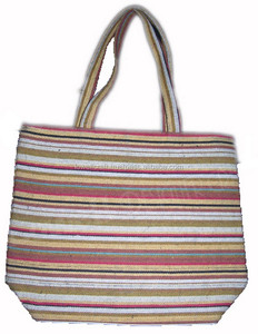Bolso de playa de yute a rayas tejido a mano con cierre de cremallera y correa de hombro informal para mujer - Product Image 1
