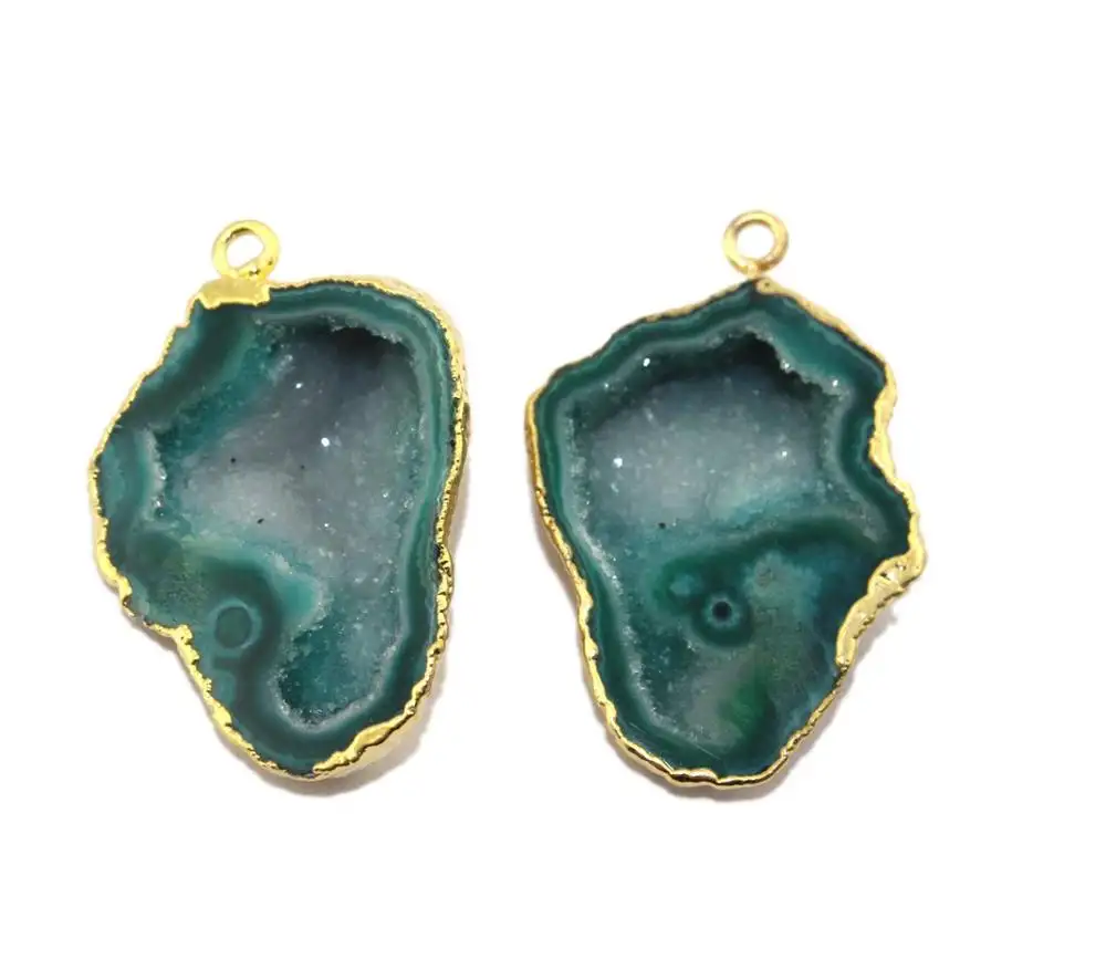 Konektor Druzy Green Geode Kuningan 24K, Konektor Buatan Tangan, Konektor Penyembuhan Pernyataan Emas