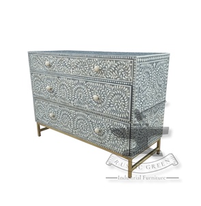 Commode de chambre à coucher en bois antique et rustique avec os et incrustation gris et blanc pour meubles de salon et de maison - Product Image 3