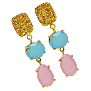 Pendiente de tuerca de piedras preciosas de Calcedonia de agua rosa de Plata de Ley 925, ajuste de punta chapado en oro, Unisex para aniversario de boda o fiesta - Product Image 2