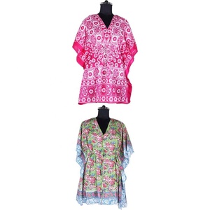 2025 dernières femmes col en V cordon taille mollet longueur courte caftan robe main bloc imprimé caftan à la main indien Caftan Abaya - Product Image 2