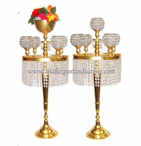 Attractive Design Glittering <b>Gold</b> Metal Crystal Bowl <b>Candelabra</b> with Crystal Hanging Drops for Wedding Event Decoration - Product Image 1
