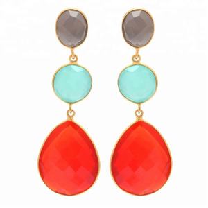 Pendientes de plata 925 chapados en oro de 18kt para mujer, aretes hechos a mano con piedra principal de Calcedonia azul multicolor, joyería de perlas - Product Image 1