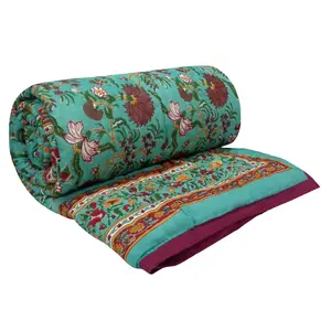 Newest Trending <b>Indian</b> Manufacturer Flower Blossom Red Jade Handmade Block Printed Organic Cotton Eco-Friendly Twin Size <b>Quilt</b> - Product Image 1