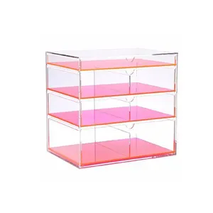 Caja de almacenamiento organizadora de maquillaje acrílico, color rosa neón, 4 cajones, vitrina de plexiglás
