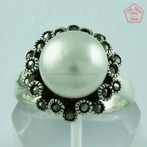 设计师925纯银戒指批发珍珠和玛卡斯特宝石珠宝925冲压戒指