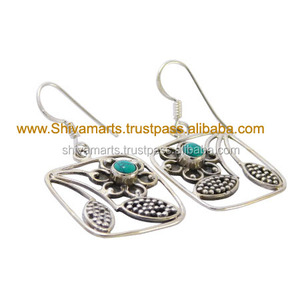 Boucles d'oreilles en argent sterling 925 massif avec pierres précieuses turquoise beaux bijoux de mode vintage pour les mariages fabriqués en argent élégant - Product Image 2