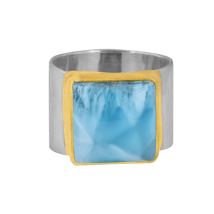 Genuino Larimar forma cuadrada bisel piedra preciosa plata maciza chapado en oro anillo joyería mayorista fabricante CASA DE PLATA - Product Image 1