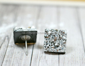 Druzy Earrings Metallic Glitter Faux Silver Glittering Square Silver Stainless Steel <b>Post</b> Studs earring - Product Image 2