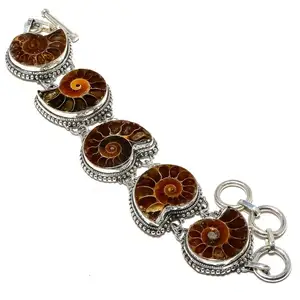 Ammonite Fossil Gemstoneハンドメイドジュエリー.925シルバーブレスレット