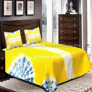 Penutup Tempat Tidur Shibori Kuning dan Biru dengan 2 Sarung Bantal Buatan Tangan Seprai Katun Yang Indah Penutup Selimut Katun