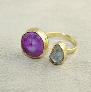Grossiste indien rose quartz solaire et aigue-marine pierres précieuses bague en laiton 24K plaqué or bague réglable unisexe anneau de déclaration - Product Image 2